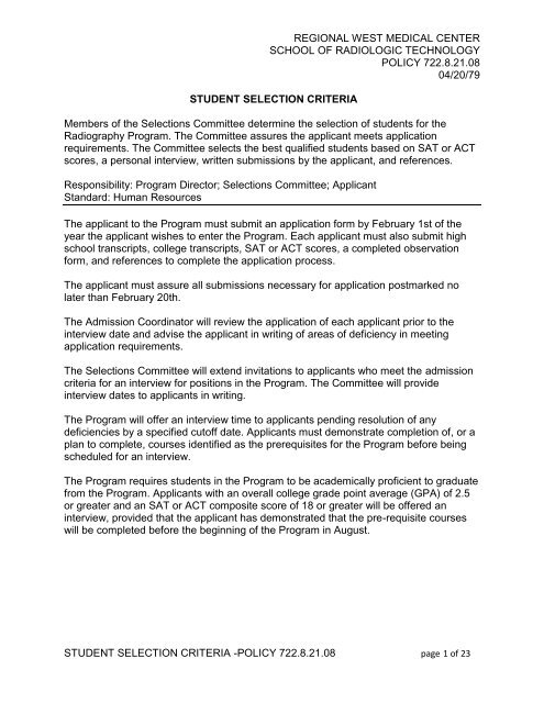 722.8.21.08 Student Selection Criteria - Regional West Medical Center