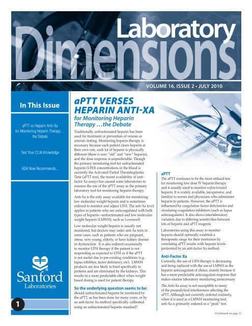 aPTT VERSES HEPARIN ANTI-XA - Sanford Laboratories