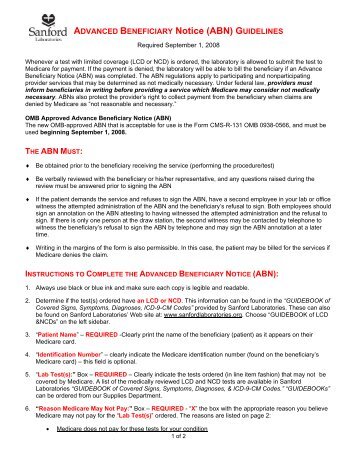  ADVANCED BENEFICIARY Notice (ABN) - Sanford Laboratories
