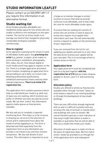 STUDIO INFORMATION LEAFLET - Acme Studios