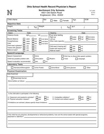 Page 1 Ohio School Health Record Physician's Report Northmont ...