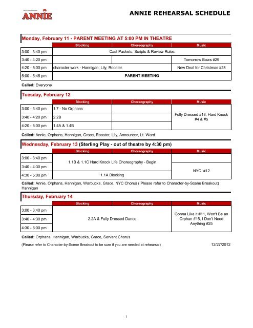 ANNIE REHEARSAL SCHEDULE