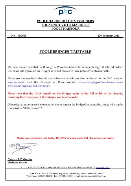 POOLE BRIDGES TIMETABLE - Poole Harbour Commissioners