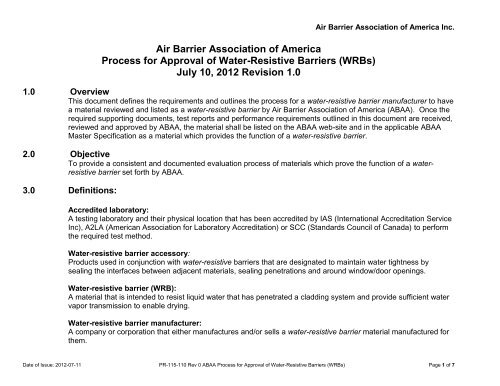 ABAA Process for Approval of Water-Resistive Barriers (WRBs)