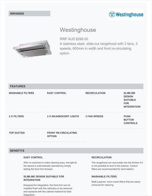 westinghouse wrh608is 60cm slideout rangehood
