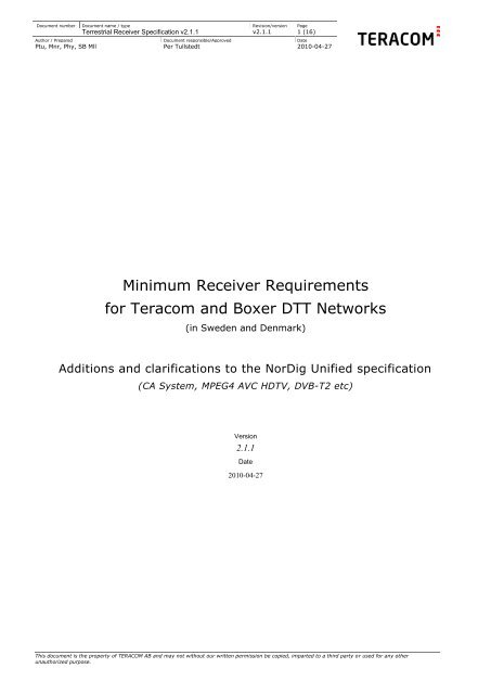 Minimum Receiver Requirements for Teracom and Boxer DTT ...