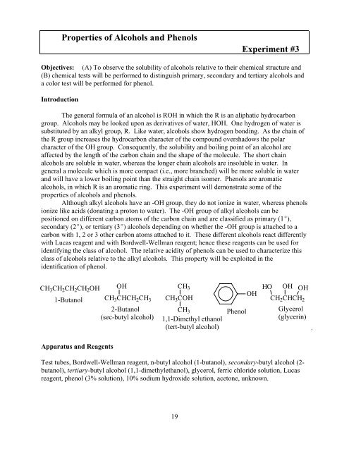 Properties of Alcohols and Phenols Experiment #3