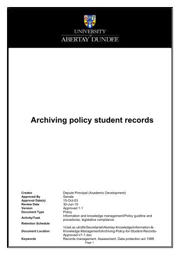 Archiving policy student records - University of Abertay Dundee