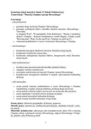 Scenariusz lekcji muzyki w klasie VI Szkoły Podstawowej Temat ...