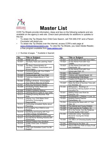 Master List - Child Care Resources