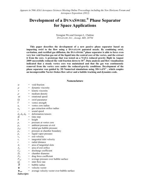 Development of a DYNASWIRL - Dynaflow, Inc.