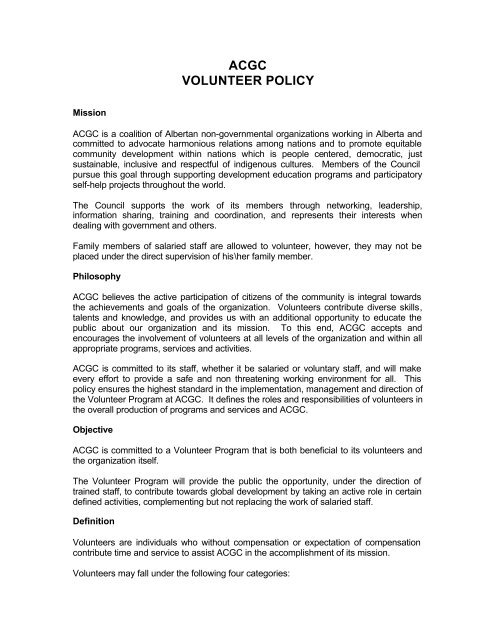 ACGC VOLUNTEER POLICY - Alberta Council for Global Cooperation