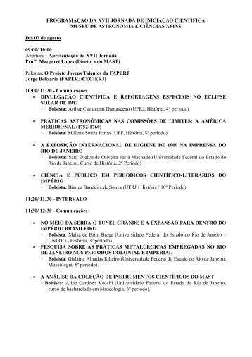 programaÃ§Ã£o da xvi jornada de iniciaÃ§Ã£o cientÃ­fica - Museu de ...