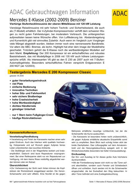 Testergebnis Mercedes E 200 Kompressor Classic Adac