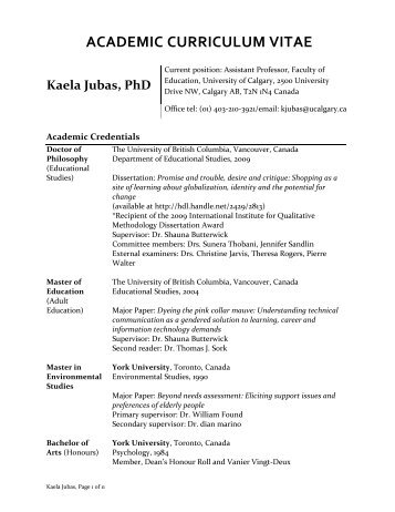 ACADEMIC CURRICULUM VITAE Kaela Jubas, PhD - Faculty of ...