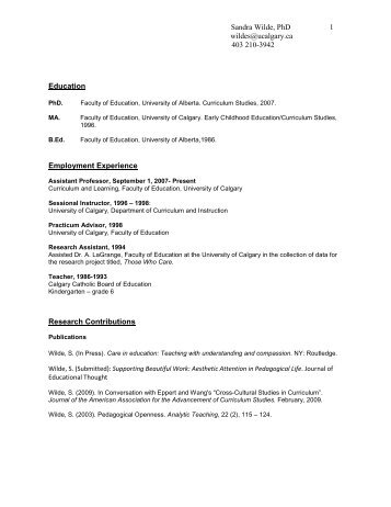 Curriculum Vitae - Faculty of Education - University of Calgary