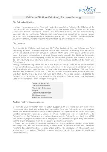 Fellfarbe Dilution (D-Lokus); FarbverdÃ¼nnung - Biofocus