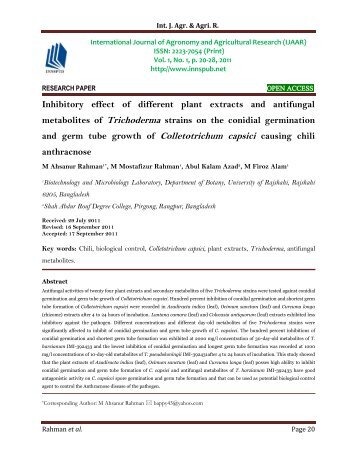 Inhibitory effect of different plant extracts and antifungal metabolites of Trichoderma strains on the conidial germination and germ tube growth of Colletotrichum capsici causing chili anthracnose