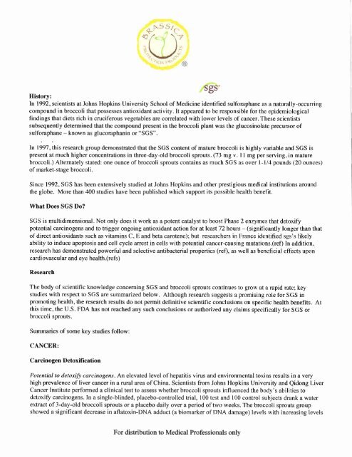 Johns Hopkin's Brassica SGS I - Beck Natural Medicine University