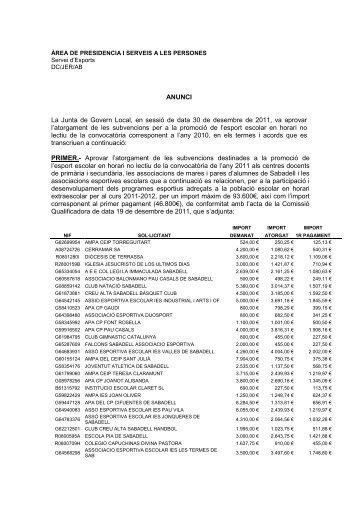 ANUNCI La Junta de Govern Local, en sessiÃ³ de data 30 ... - Sabadell