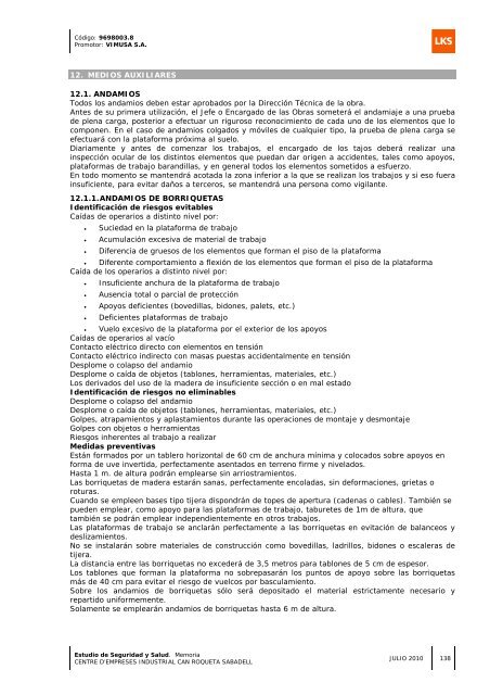 Estudio de Seguridad y Salud Memoria - Sabadell