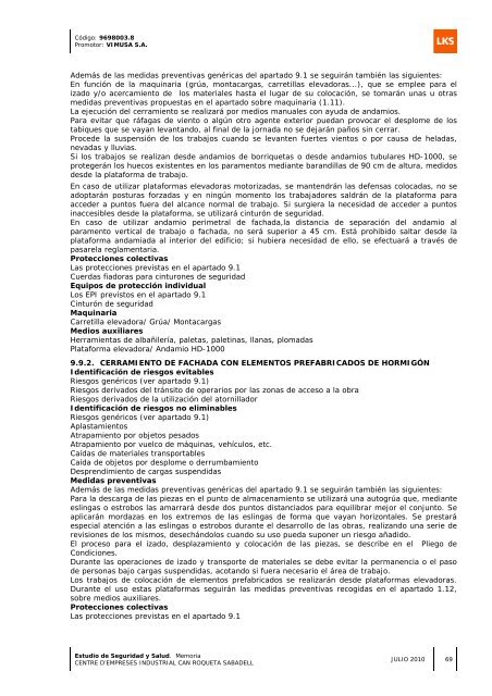 Estudio de Seguridad y Salud Memoria - Sabadell