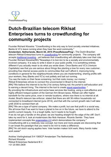 Dutch-Brazilian Telecom Riklsat Enterprises Turns to Crowdfunding for Community Projects