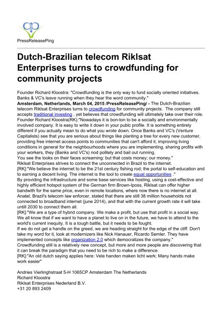 Dutch-Brazilian Telecom Riklsat Enterprises Turns to Crowdfunding for Community Projects