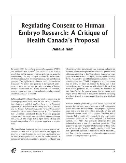 Regulating Consent to Human Embryo Research: A Critique of ...