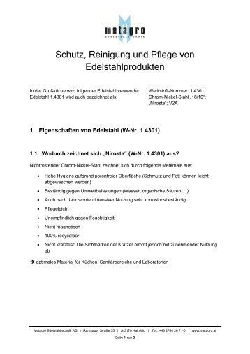 Schutz, Reinigung und Pflege von Edelstahlprodukten