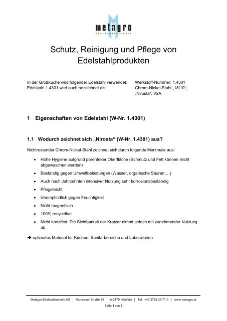 Schutz, Reinigung und Pflege von Edelstahlprodukten