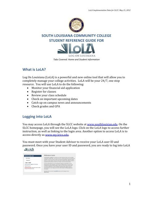 LoLA Help: Reference Guide for Students - South Louisiana ...