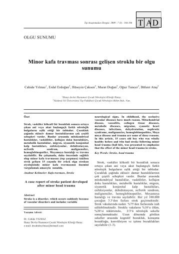 Minor kafa travmasÄ± sonrasÄ± geliÅen stroklu bir olgu sunumu - tader.org