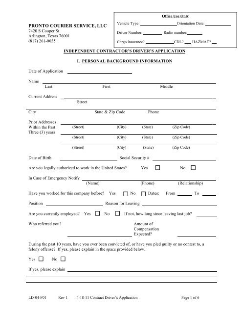 Contract Driver Application - Pronto Delivery