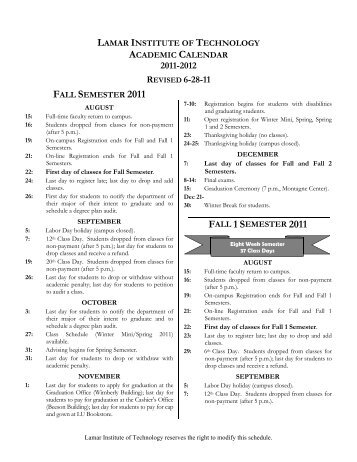 lamar institute of technology academic calendar fall semester 2011 ...