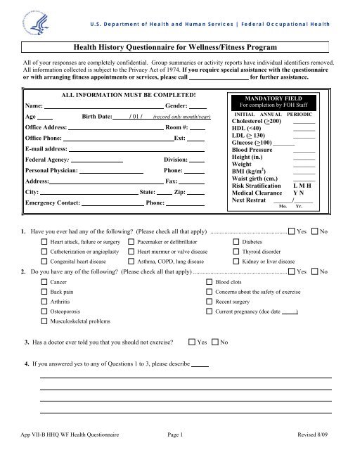 Health History Questionnaire For