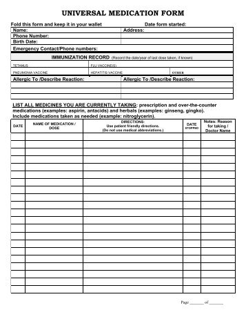 Universal Medication Form (pdf format) - Upstate Medical Associates