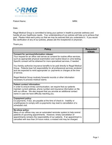 RMG Patient Policy Form - Regal Medical Group - Dr.