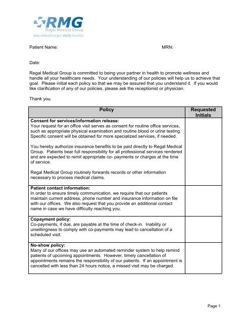 RMG Patient Policy Form - Regal Medical Group - Dr.