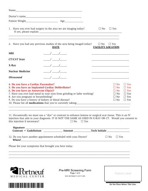 Pre-MRI Screening Form (PDF 96KB)