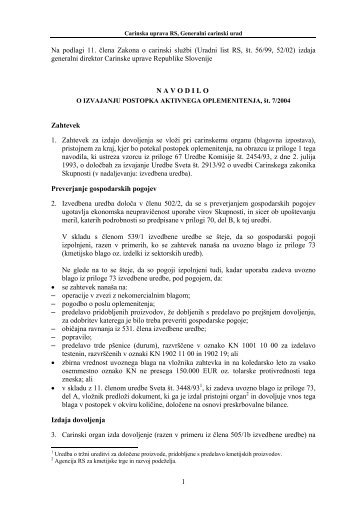 Navodilo o izvajanju postopka aktivnega oplemenitenja - Carinska ...