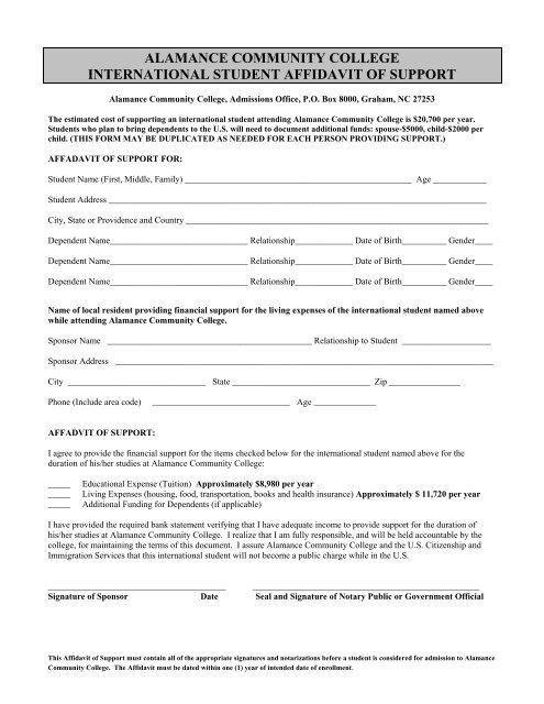 affidavit of sponsorship form - Alamance Community College