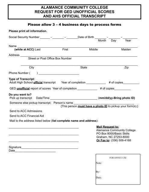 Transcript Request Form - Alamance Community College