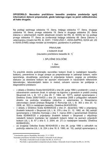 Pravilnik o boleznih živali - Veterinarska uprava Republike Slovenije