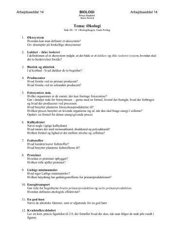 Arbejdsseddel nr. 14. Ãkologi (side 20-31) i Biologibogen, Gads ...