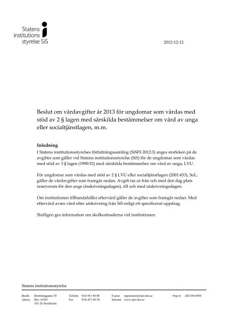 VÃ¥rdavgifter Ã¥r 2013 fÃ¶r ungdomar som vÃ¥rdas med stÃ¶d av 2 Â§ LVU ...