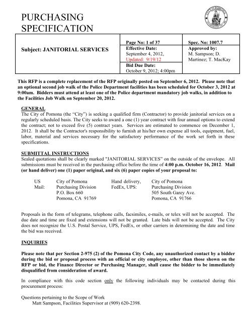 PURCHASING SPECIFICATION - City of Pomona