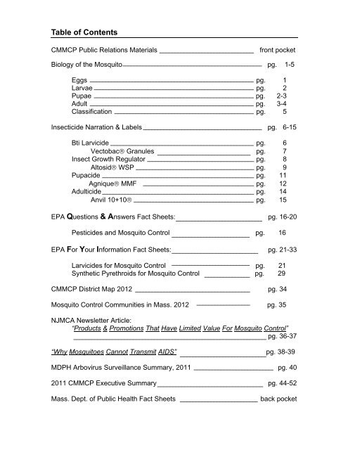 Table of Contents - Central Mass. Mosquito Control