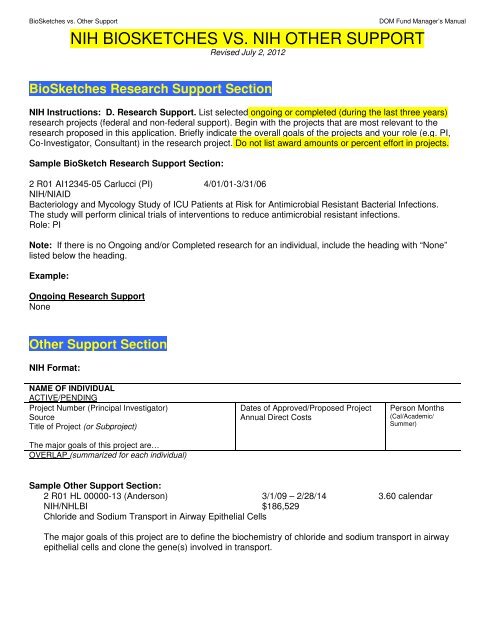 Biosketch Vs Other Support Office Of Research Administration