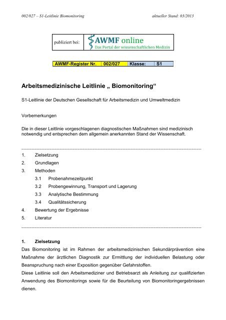 Arbeitsmedizinische Leitlinie â Biomonitoringâ - DGAUM